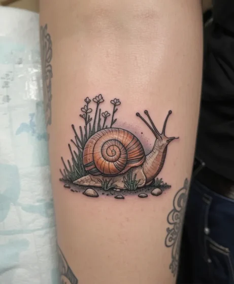 Snail with Garden Scene Tattoo