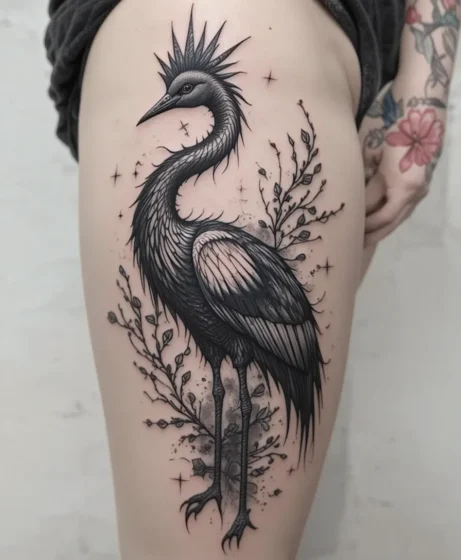 Blackwork Crane Tattoo