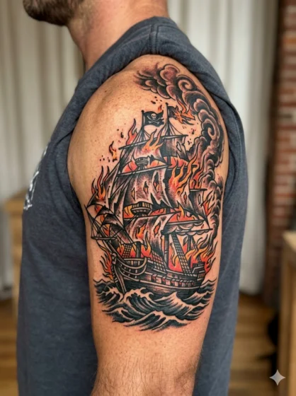 Burning Pirate Ship Tattoo