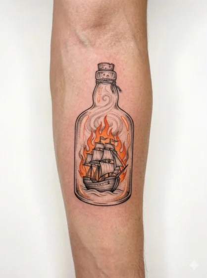 Burning Ship Inside a Bottle