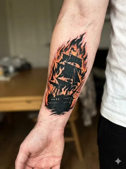 Burning Ship Silhouette Tattoo