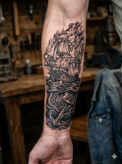 Burning Ship With Anchor Symbol