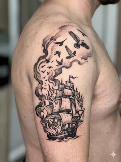 Burning Ship With Bird Flight