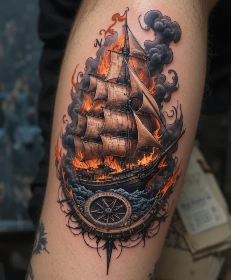 Burning Ship With Compass Detail