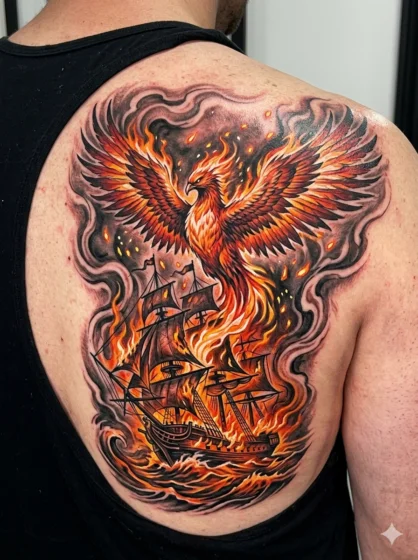 Burning Ship With Phoenix Rising