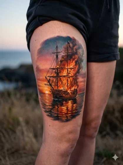 Burning Ship at Sunset Scene