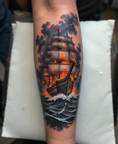 Burning Ship on Open Sea