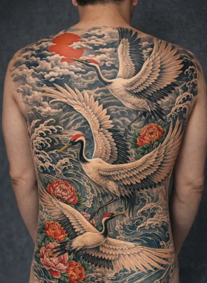 Crane Back Piece Tattoo