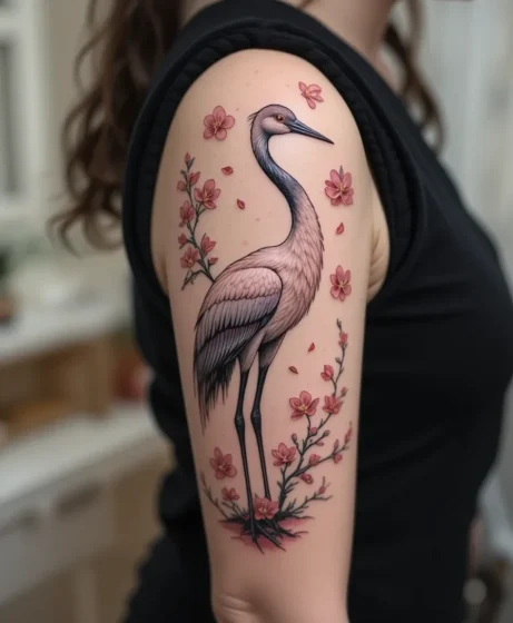 Crane and Cherry Blossom Tattoo