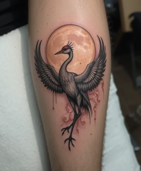 Crane and Moon Tattoo