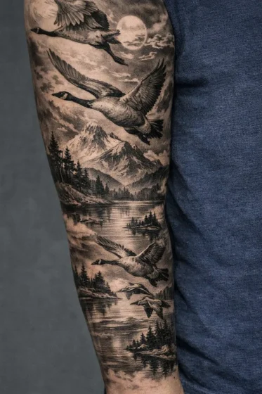 Crane and Mountain Tattoo