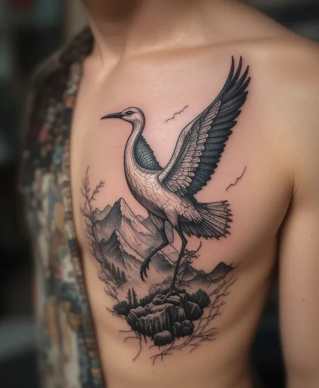 Crane and Mountain Tattoo