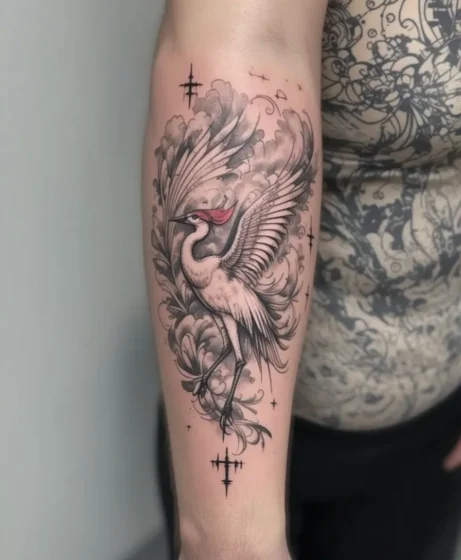 Crane in Flight Sleeve Tattoo