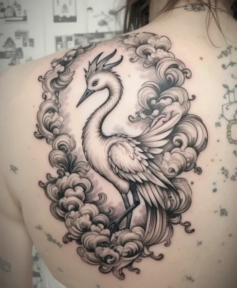 Crane with Flowing Clouds Tattoo