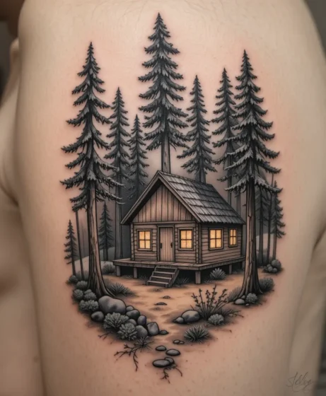 Forest with Cabin Scene