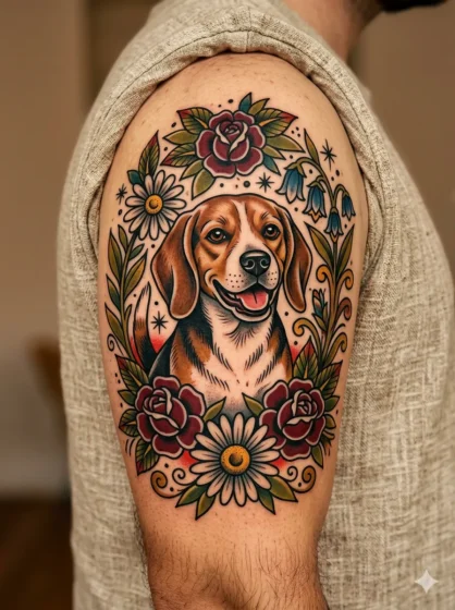 Happy Beagle with Floral Background