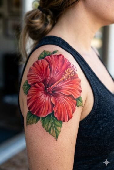 Realistic Red Hibiscus Tattoo