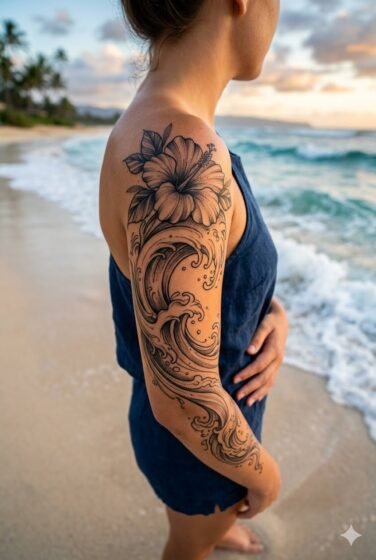 Hibiscus with Ocean Wave Background