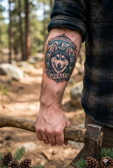 Loyal Husky with Mountains