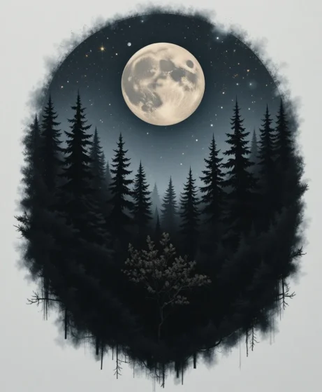 Night Forest with Full Moon