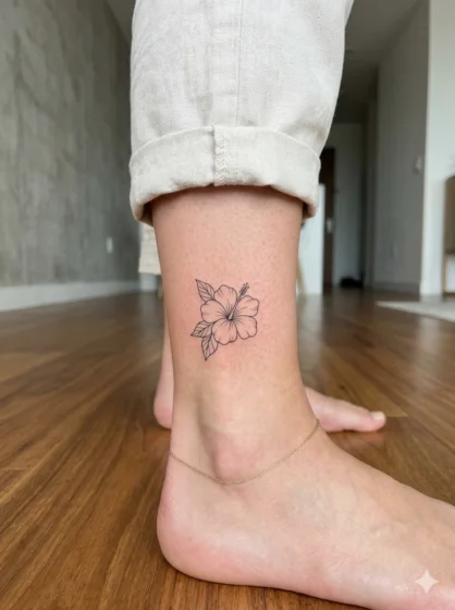 Outline Hibiscus Ankle Tattoo