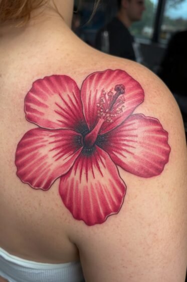 Pink Hibiscus Shoulder Tattoo