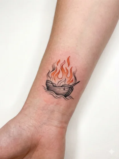 Small Burning Ship Wrist Tattoo