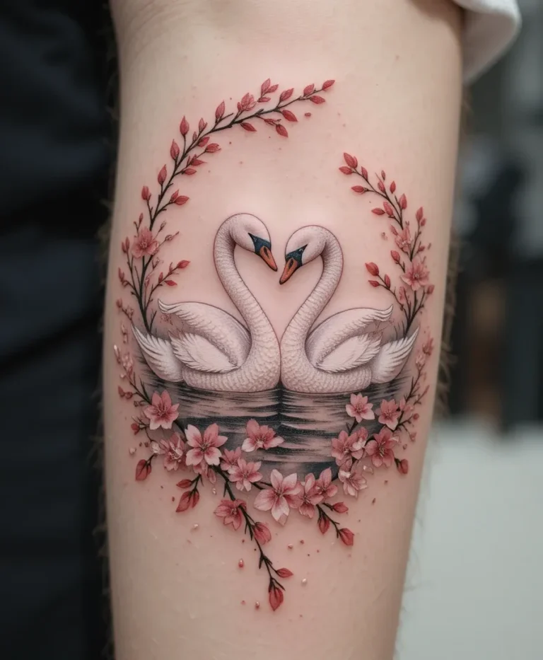 Two Swans With Cherry Blossoms