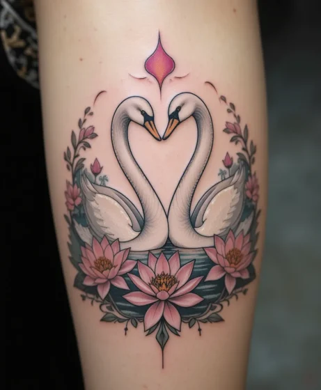 Two Swans With Lotus Flowers