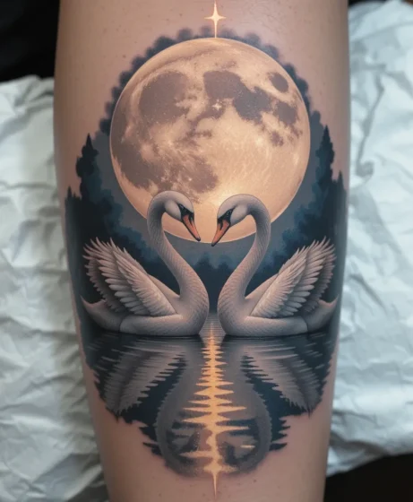 Two Swans With a Moon Background