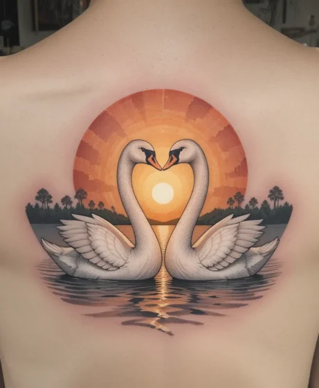 Two Swans With a Sunset Scene