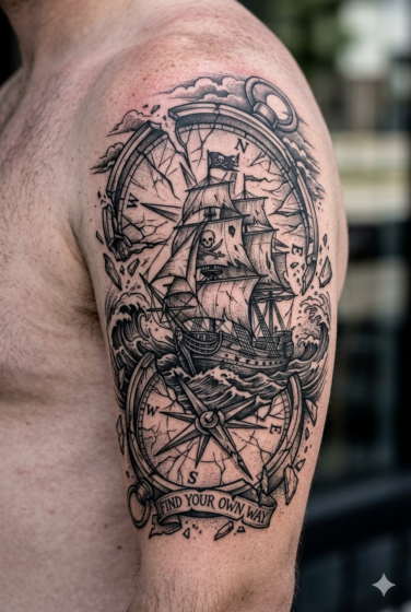Broken Compass and Pirate Ship Tattoo