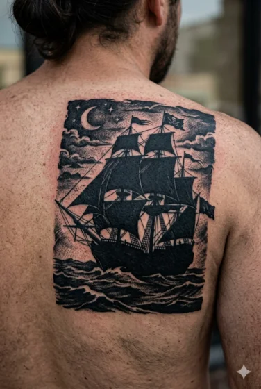 Dark Silhouette Pirate Ship Tattoo