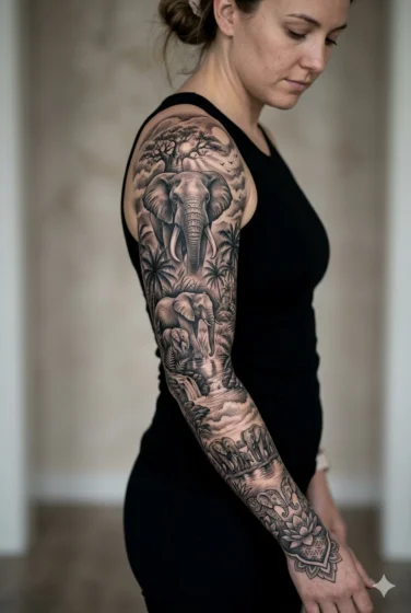 Elephant Sleeve Tattoo Design