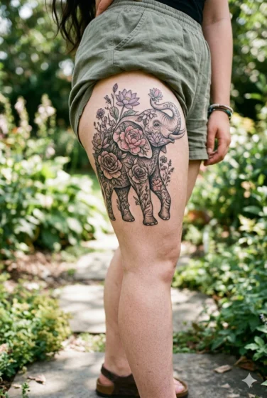 Floral Elephant Tattoo