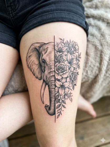Half Elephant Half Floral Tattoo