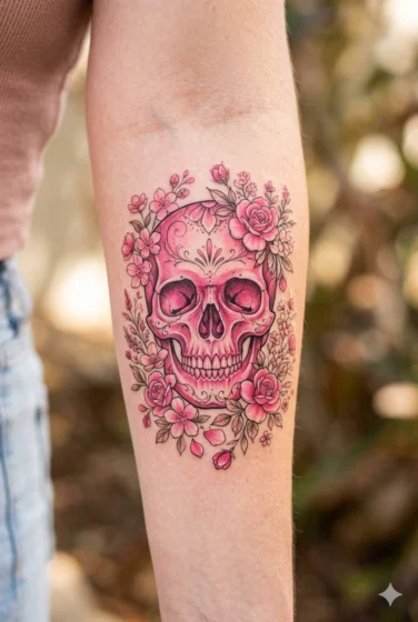 Pink Skull With Floral Accents