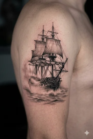 Pirate Ship Emerging From Fog Tattoo