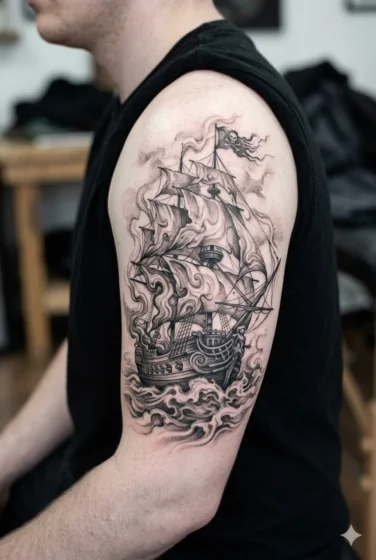 Pirate Ship Made of Smoke Tattoo