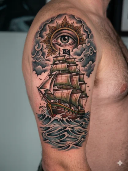 Pirate Ship With Eye Watching From Sky