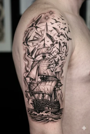 Pirate Ship With Flying Birds Transition