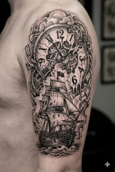Pirate Ship With Time Clock Background