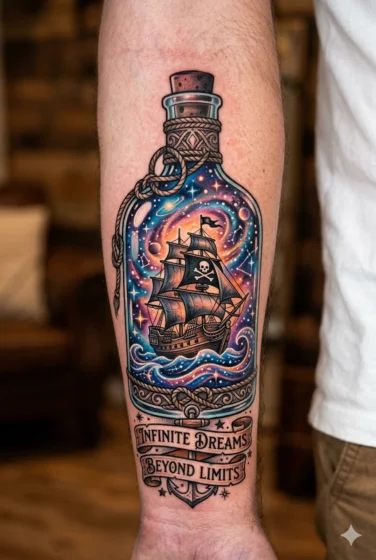 Pirate Ship in Bottle With Galaxy Inside