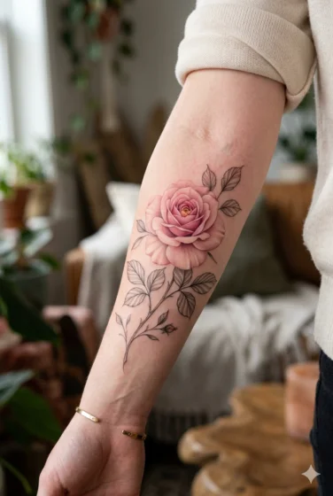 Soft Pink Rose Bloom Tattoo