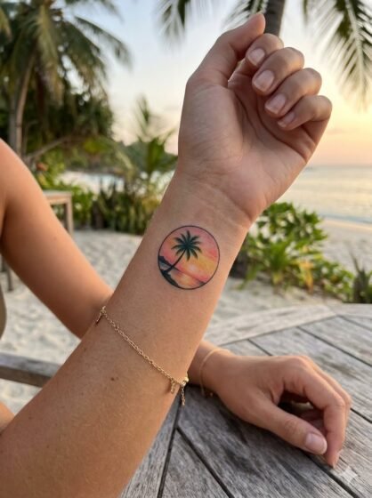 Minimal Palm Tree Sunset Wrist Tattoo