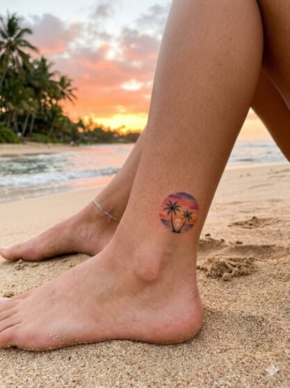 Tiny Palm Tree Ankle Sunset Tattoo