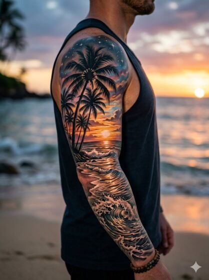 Palm Tree Sunset Sleeve Tattoo
