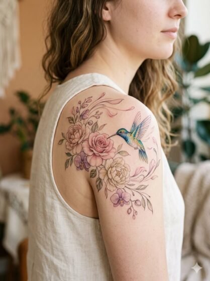 Floral Hummingbird Shoulder Tattoo