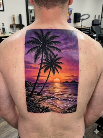 Purple and Orange Sunset Palm Tattoo