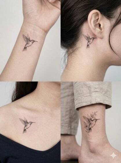 Tiny Black and Gray Hummingbird Tattoo